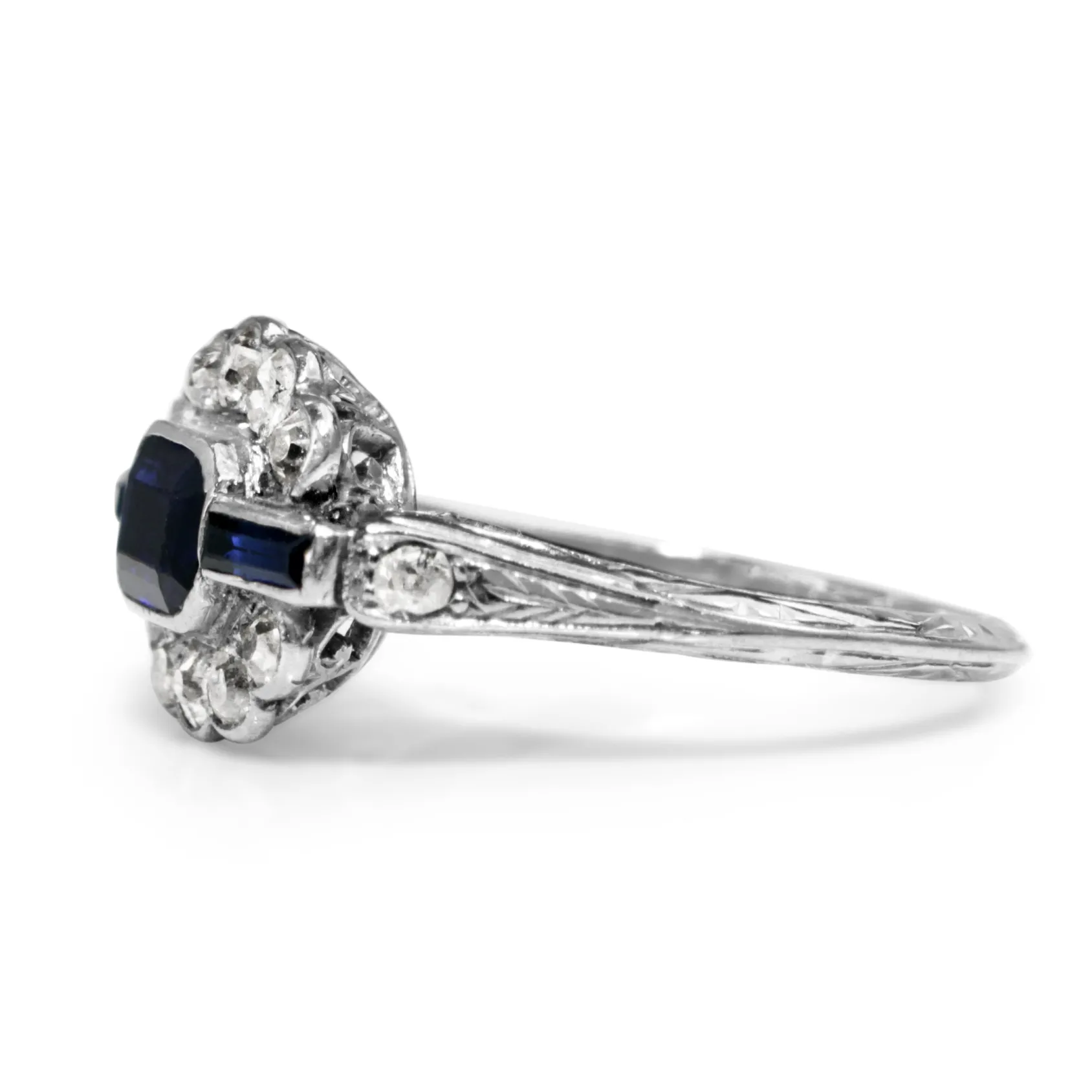 18ct White Gold Art Deco Sapphire and Old Cut Diamond Ring