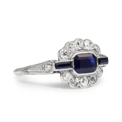 18ct White Gold Art Deco Sapphire and Old Cut Diamond Ring