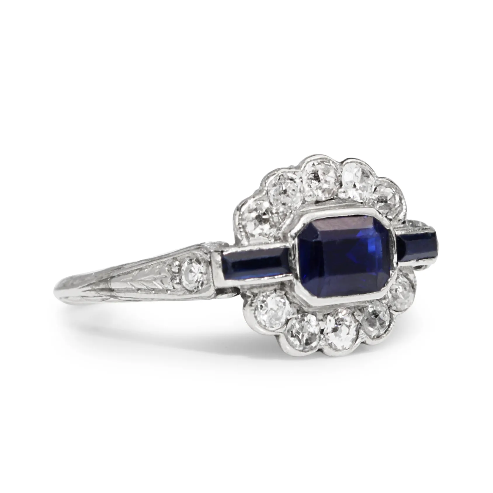 18ct White Gold Art Deco Sapphire and Old Cut Diamond Ring