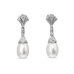 9ct White Gold Art Deco Style Diamond and Fresh Water Pearl Earrings