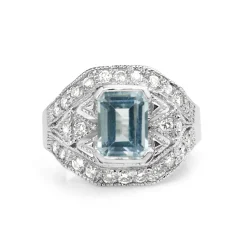 14ct White Gold Art Deco Style Aquamarine and Diamond Ring