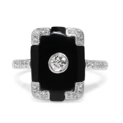 9ct White Gold Art Deco Style Onyx and Diamond Ring