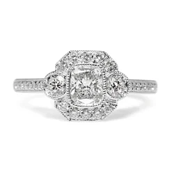 18ct White Gold Art Deco Style 3 Stone Cushion Diamond Halo Ring