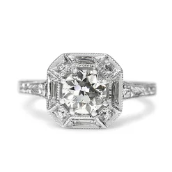 18ct White Gold Art Deco Style Baguette Halo Ring with Etched Band