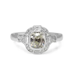 18ct White Gold Art Deco Style Old Mine Cut and Baguette Diamond Halo Ring