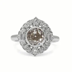 18ct White Gold Art Deco Style Champagne Old Cut Diamond Halo Ring