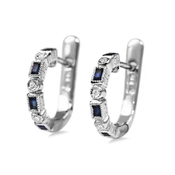 9ct White Gold Art Deco Style Sapphire and Diamond Hoop Earrings