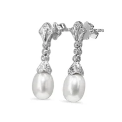 9ct White Gold Art Deco Style Diamond and Fresh Water Pearl Earrings