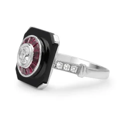 18ct White Gold Art Deco Style Onyx, Ruby and Diamond Ring