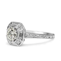 18ct White Gold Art Deco Style Baguette Halo Ring with Etched Band