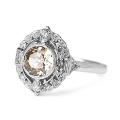 18ct White Gold Art Deco Style Champagne Old Cut Diamond Halo Ring