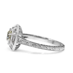 18ct White Gold Art Deco Style Baguette Halo Ring with Etched Band