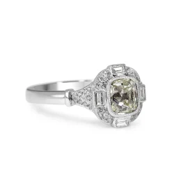 18ct White Gold Art Deco Style Old Mine Cut and Baguette Diamond Halo Ring