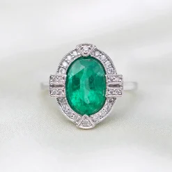 18ct White Gold Art Deco Style Emerald and Diamond Halo Ring
