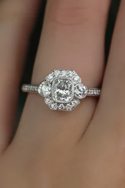 18ct White Gold Art Deco Style 3 Stone Cushion Diamond Halo Ring