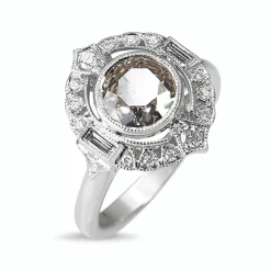 18ct White Gold Art Deco Style Champagne Old Cut Diamond Halo Ring