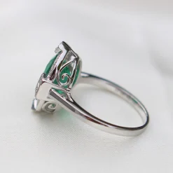 18ct White Gold Art Deco Style Emerald and Diamond Halo Ring