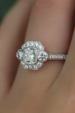 18ct White Gold Art Deco Style 3 Stone Cushion Diamond Halo Ring