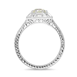 18ct White Gold Art Deco Style Baguette Halo Ring with Etched Band