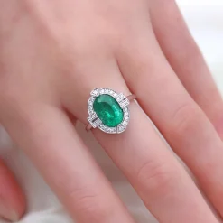 18ct White Gold Art Deco Style Emerald and Diamond Halo Ring