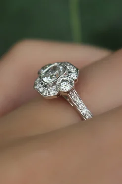 18ct White Gold Art Deco Style 3 Stone Cushion Diamond Halo Ring