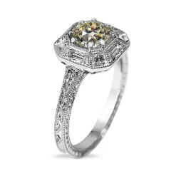 18ct White Gold Art Deco Style Baguette Halo Ring with Etched Band
