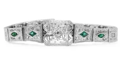 14ct White Gold Art Deco Synthetic Emerald and Old Cut Diamond Bracelet