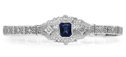 10ct White Gold Art Deco Synthetic Sapphire and Single Cut Diamond Bracelet