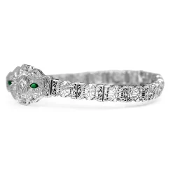 14ct White Gold Art Deco Synthetic Emerald and Old Cut Diamond Bracelet