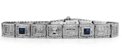 14ct White Gold Art Deco Synthetic Sapphire and Single Cut Diamond Bracelet
