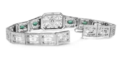 14ct White Gold Art Deco Synthetic Emerald and Old Cut Diamond Bracelet