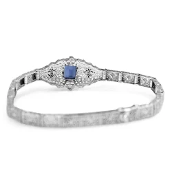 10ct White Gold Art Deco Synthetic Sapphire and Single Cut Diamond Bracelet
