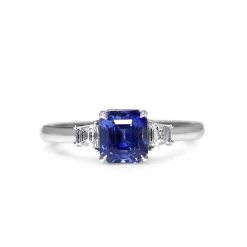 18ct White Gold Asscher Cut Sapphire and Step Cut Trapezoid Diamond 3 Stone Ring