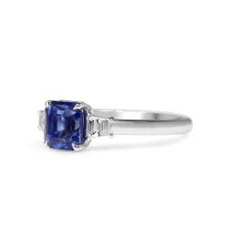 18ct White Gold Asscher Cut Sapphire and Step Cut Trapezoid Diamond 3 Stone Ring