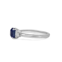 18ct White Gold Asscher Cut Sapphire and Step Cut Trapezoid Diamond 3 Stone Ring