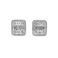18ct White Gold Baguette and Round Diamond Cluster and Halo Stud Earrings