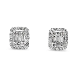 18ct White Gold Baguette and Round Diamond Halo Cluster Stud Earrings