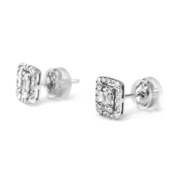 18ct White Gold Baguette and Round Diamond Halo Cluster Stud Earrings