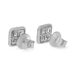 18ct White Gold Baguette and Round Diamond Cluster and Halo Stud Earrings
