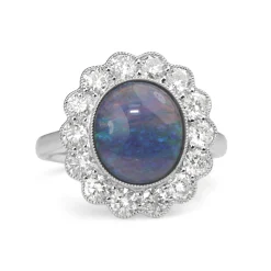 18ct White Gold Black Opal and Diamond Daisy Ring