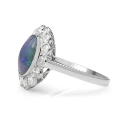 18ct White Gold Black Opal and Diamond Daisy Ring