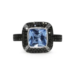 9ct White Gold Blue Quartz, Black and White Diamond Halo Ring