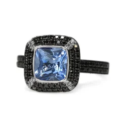 9ct White Gold Blue Quartz, Black and White Diamond Halo Ring