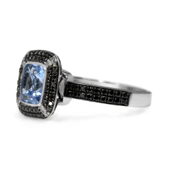 9ct White Gold Blue Quartz, Black and White Diamond Halo Ring
