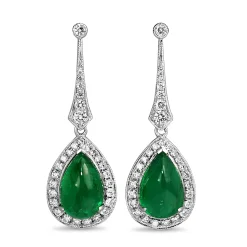 18ct White Gold Cabochon Emerald and Diamond Drop Earrings