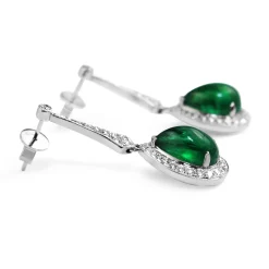 18ct White Gold Cabochon Emerald and Diamond Drop Earrings