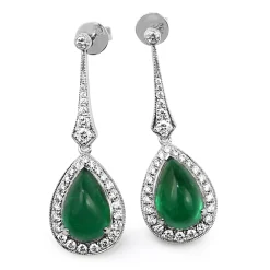 18ct White Gold Cabochon Emerald and Diamond Drop Earrings