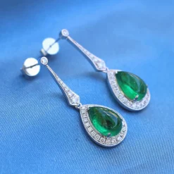 18ct White Gold Cabochon Emerald and Diamond Drop Earrings
