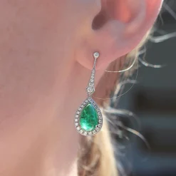 18ct White Gold Cabochon Emerald and Diamond Drop Earrings