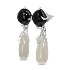 9ct White Gold Chalcedony, Diamond and Onyx Drop Earrings